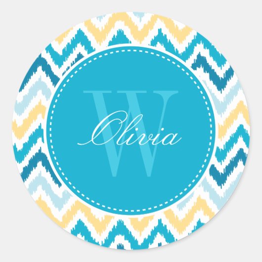 Blauw Geel Zigzag Ikat Patroon Monogram Ronde Sticker (Voorkant)