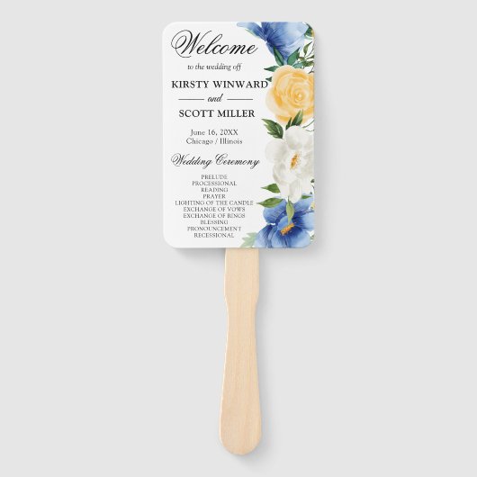Blauw & Geel Zomerbloemen Bruiloftsprogramma Handwaaier (Voorkant)