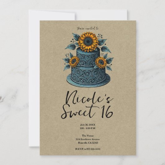 Blauw Geel Zonnebloem Tier Cake Sweet 16 Verjaarda Kaart (Voorkant)