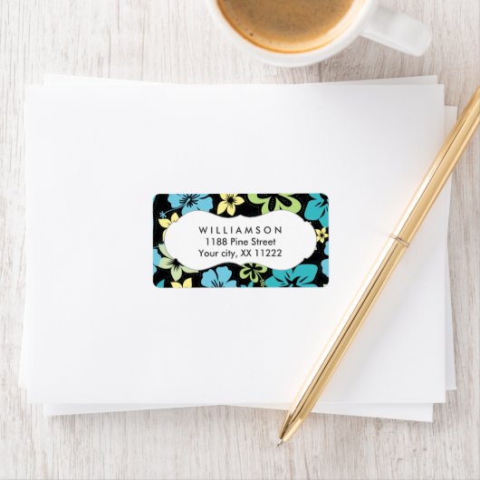 Blauw Geel Zwart Hibiscus Hawaïaanse Tropische gun Etiket (Insitu)