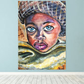 Blauw-geesterd klein meisje met Pet - Waterverf ku Canvas Afdruk (Insitu (Houten vloer))