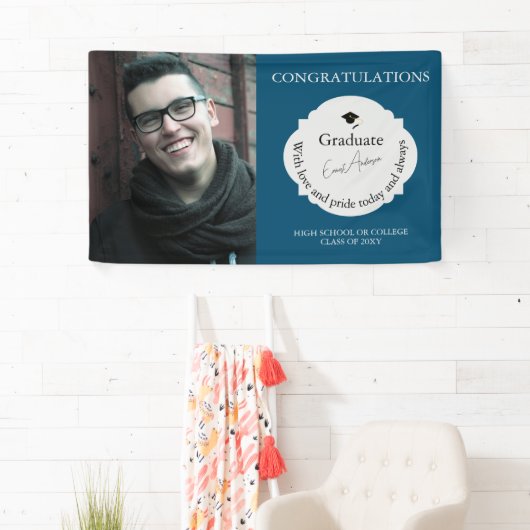 Blauw Gefeliciteerd Afstuderen Foto Afstuderen Spandoek (Insitu)