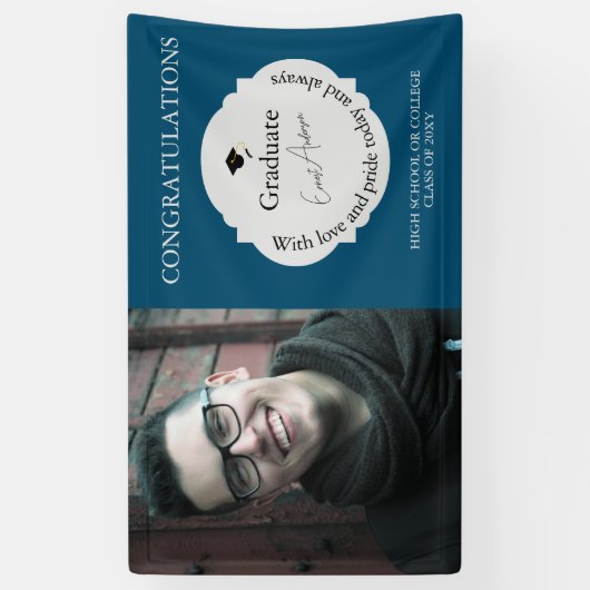 Blauw Gefeliciteerd Afstuderen Foto Afstuderen Spandoek (Verticaal)