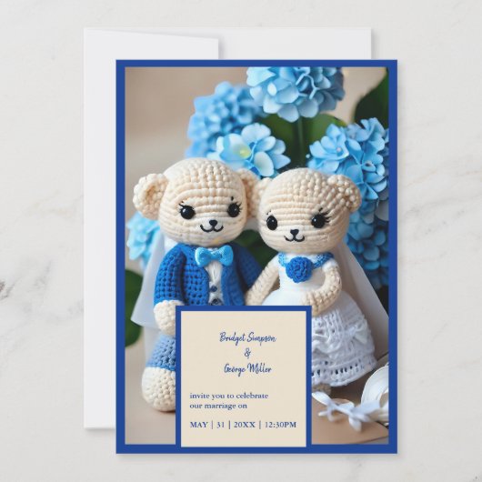 blauw gehaakte bruiloft paar uitnodiging (Voorkant)