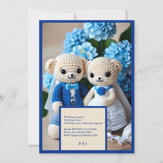 blauw gehaakte bruiloft paar uitnodiging (Achterkant)