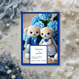 blauw gehaakte bruiloft paar uitnodiging