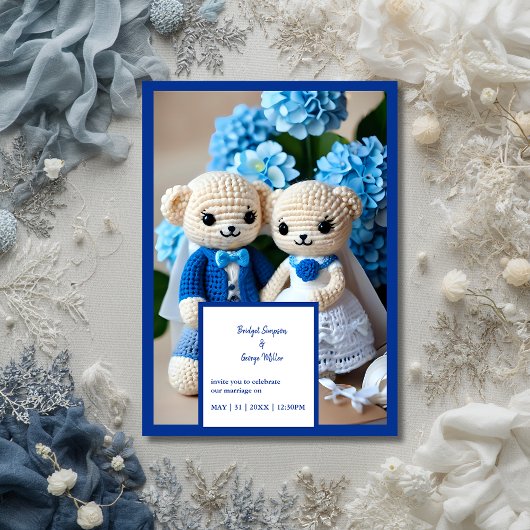 blauw gehaakte bruiloft paar uitnodiging