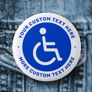 Blauw gehandicapte symbool en aangepaste tekst ronde button 5,7 cm