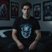 Blauw gehoornde schedel "Conquer All" grafische T- T-shirt