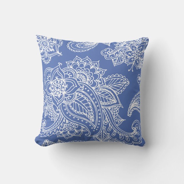 Blauw geïllustreerde Bohemian Paisley Henna Kussen (Voorkant)