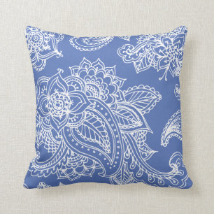 Blauw geïllustreerde Bohemian Paisley Henna Kussen
