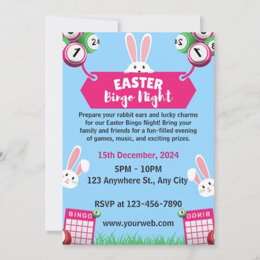 Blauw geïllustreerde Pasen Bingo Nachtuitnodiging Kaart (Voorkant)
