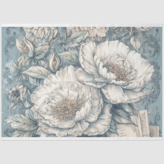 Blauw Geïnspireerd Bloemen Decoupage Tissuepapier (Voorkant)