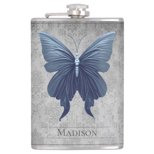 Blauw gejuwelde vlinderfles heupfles (Voorkant)
