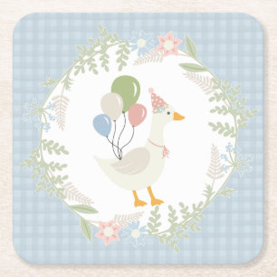 Blauw Gekke Goose Floral Gingham Papier Kartonnen Onderzetters