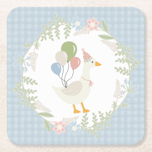 Blauw Gekke Goose Floral Gingham Papier Kartonnen Onderzetters (Voorkant)