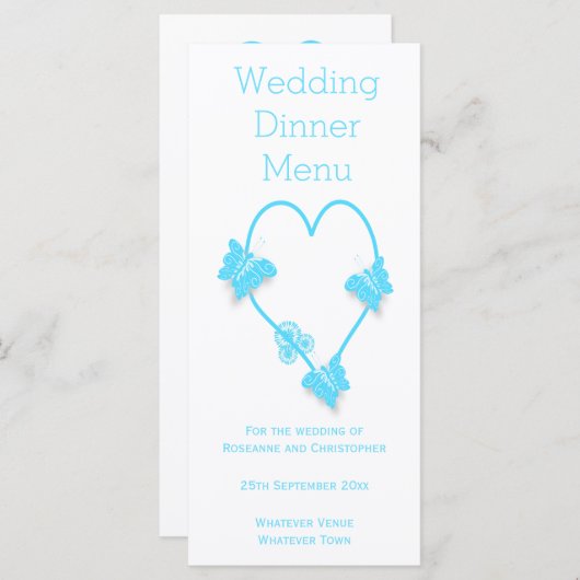 Blauw gekleurd Vlinder Hart Bruiloft Diner Menu (Voorkant / Achterkant)