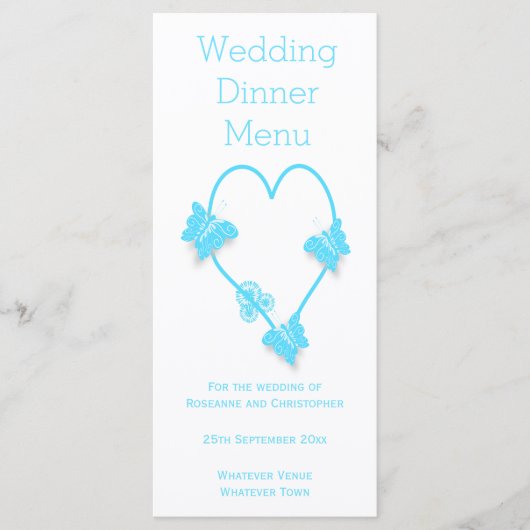 Blauw gekleurd Vlinder Hart Bruiloft Diner Menu (Voorkant)