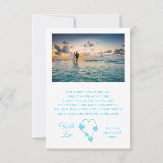 Blauw Gekleurd Vlinder Hart Ontwerp Bruiloft Bedankkaart (Achterkant)