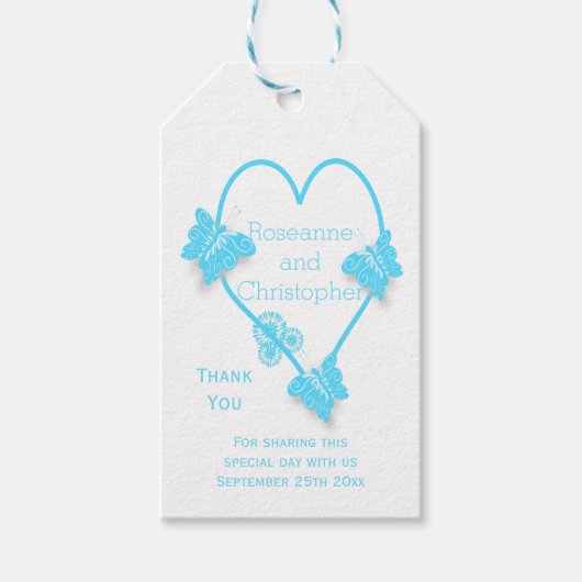 Blauw Gekleurd Vlinder Hart Ontwerp Bruiloft Cadeaulabel (Voorkant)