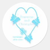 Blauw Gekleurd Vlinder Hart Ontwerp Bruiloft Ronde Sticker (Voorkant)