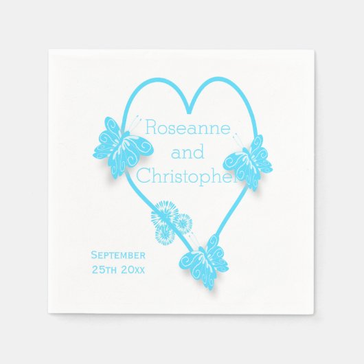 Blauw Gekleurd Vlinder Hart Ontwerp Bruiloft Servet (Voorkant)