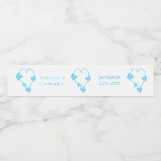 Blauw Gekleurd Vlinder Hart Ontwerp Bruiloft Waterfles Etiket (Enkel label)