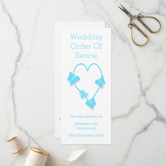 Blauw Gekleurd Vlinder Hart Trouwprogramma Programmakaart (Voorkant / Achterkant in situ)