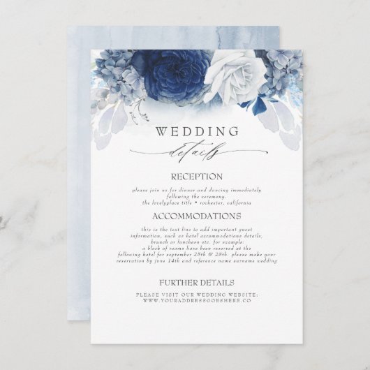 Blauw Gekleurde Bloemen Trouwinformatie Informatiekaartje (Voorkant / Achterkant)