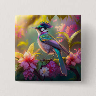 Blauw Gekuifde Regenboog Gevleugelde Zonnevogel Fa Vierkante Button 5,1 Cm