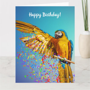 Blauw-gele Ara gooit confetti Kaart