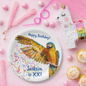 Blauw-gele Ara gooit confetti Papieren Bordje (Feest)