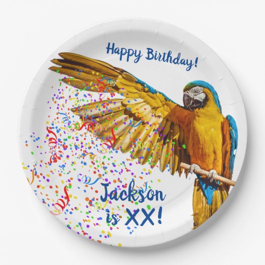 Blauw-gele Ara gooit confetti Papieren Bordje (Voorkant)