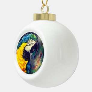 Blauw-gele ara kerstboomornament keramische bal ornament