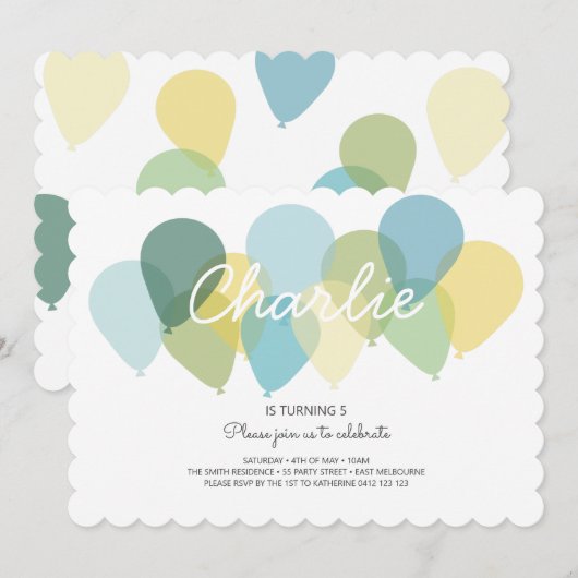 Blauw Gele Ballonnen Leuke Verjaardag Uitnodiging (Voorkant / Achterkant)