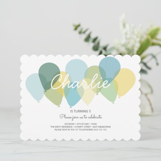 Blauw Gele Ballonnen Leuke Verjaardag Uitnodiging (Staand voorkant)