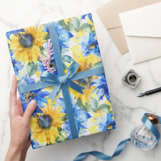 Blauw Gele Bloemen Bruidscadeau Cadeaupapier