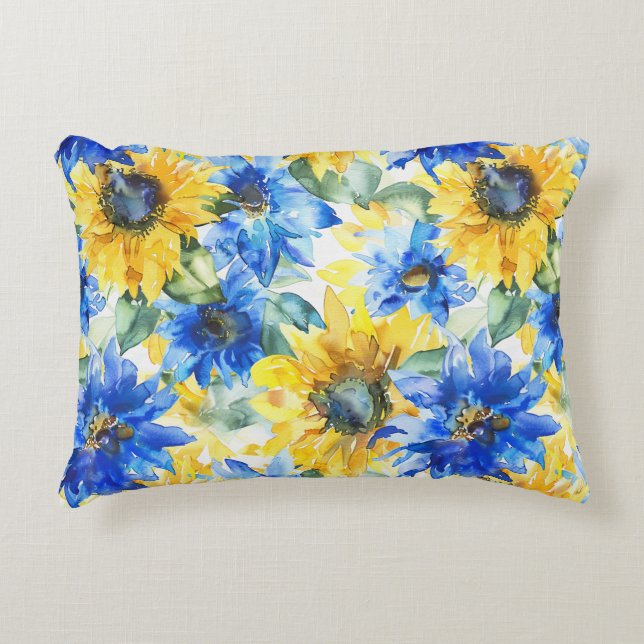 Blauw Gele Bloemen Bruidsdouche Accent Kussen (Voorkant)