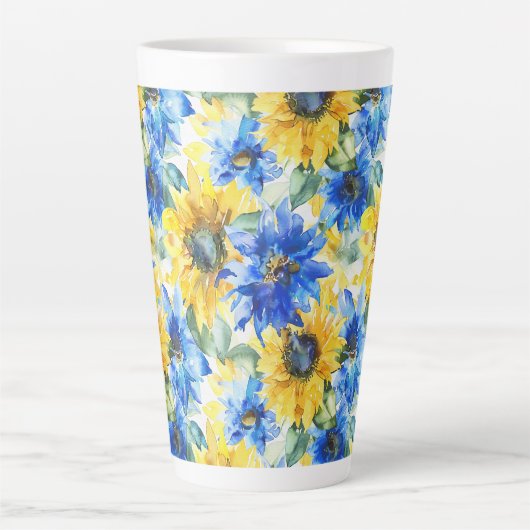 Blauw Gele Bloemen Bruidsdouche Latte Mok (Voorkant)