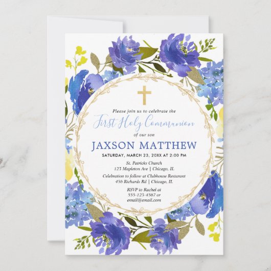Blauw-gele bloemen Eerste Heilige Communie Kaart (Voorkant)