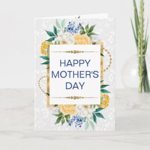 Blauw Gele Bloemen & Gouden Glitter Moederdag Kaart