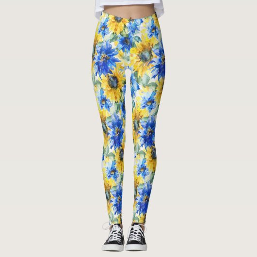 Blauw Gele Bloemen Leggings (Voorkant)