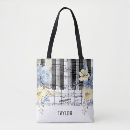 blauw gele bloemen muzieknoten piano tote bag