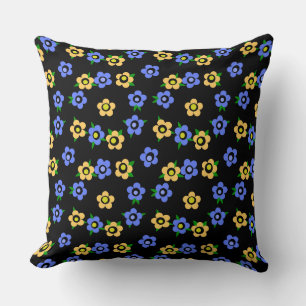 Blauw gele bloemen op zwarte achtergrond retro kussen