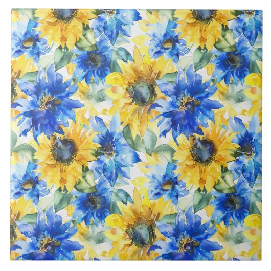 Blauw Gele Bloemen Tegeltje (Voorkant)