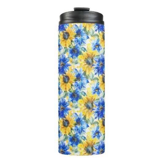 Blauw Gele Bloemen Thermosbeker (Voorkant)