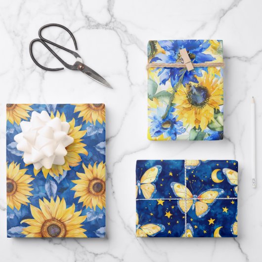 Blauw Gele Bloemen Vlinders Verjaardag Inpakpapier Vel (Voorkant)