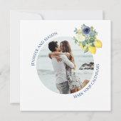 Blauw gele bloemencitroen Sla de datumfoto op Kaart (Achterkant)