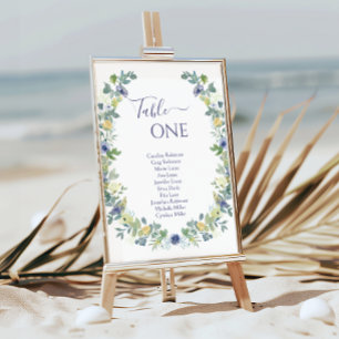 Blauw gele bloemenkrans bohemian tuin bruiloft kaart