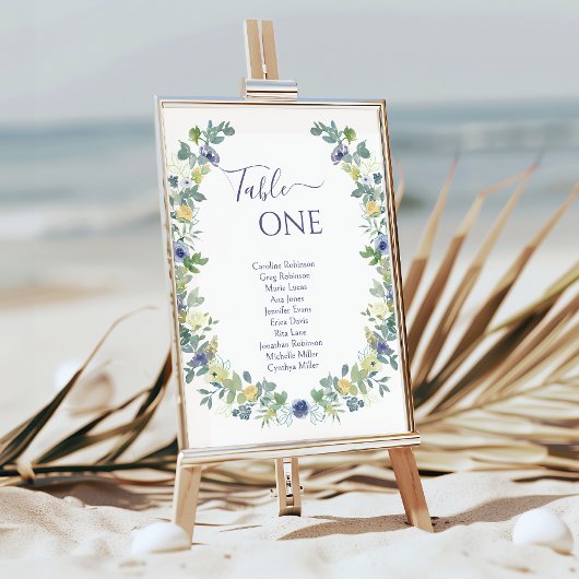 Blauw gele bloemenkrans bohemian tuin bruiloft kaart